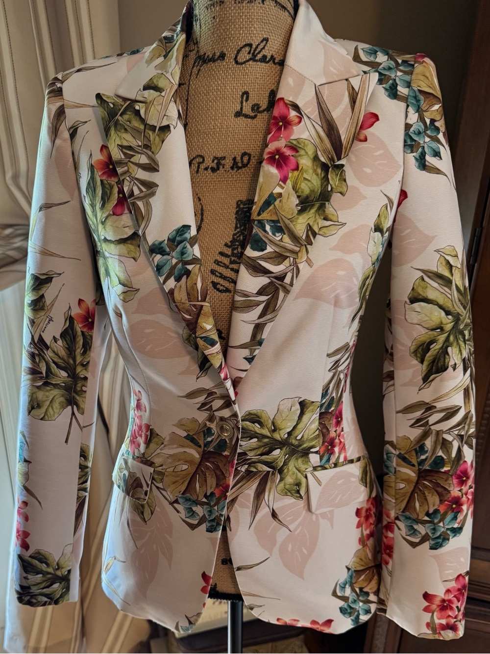 Guess by Marciano off-White Floral Blazer with Green & Pink Accents